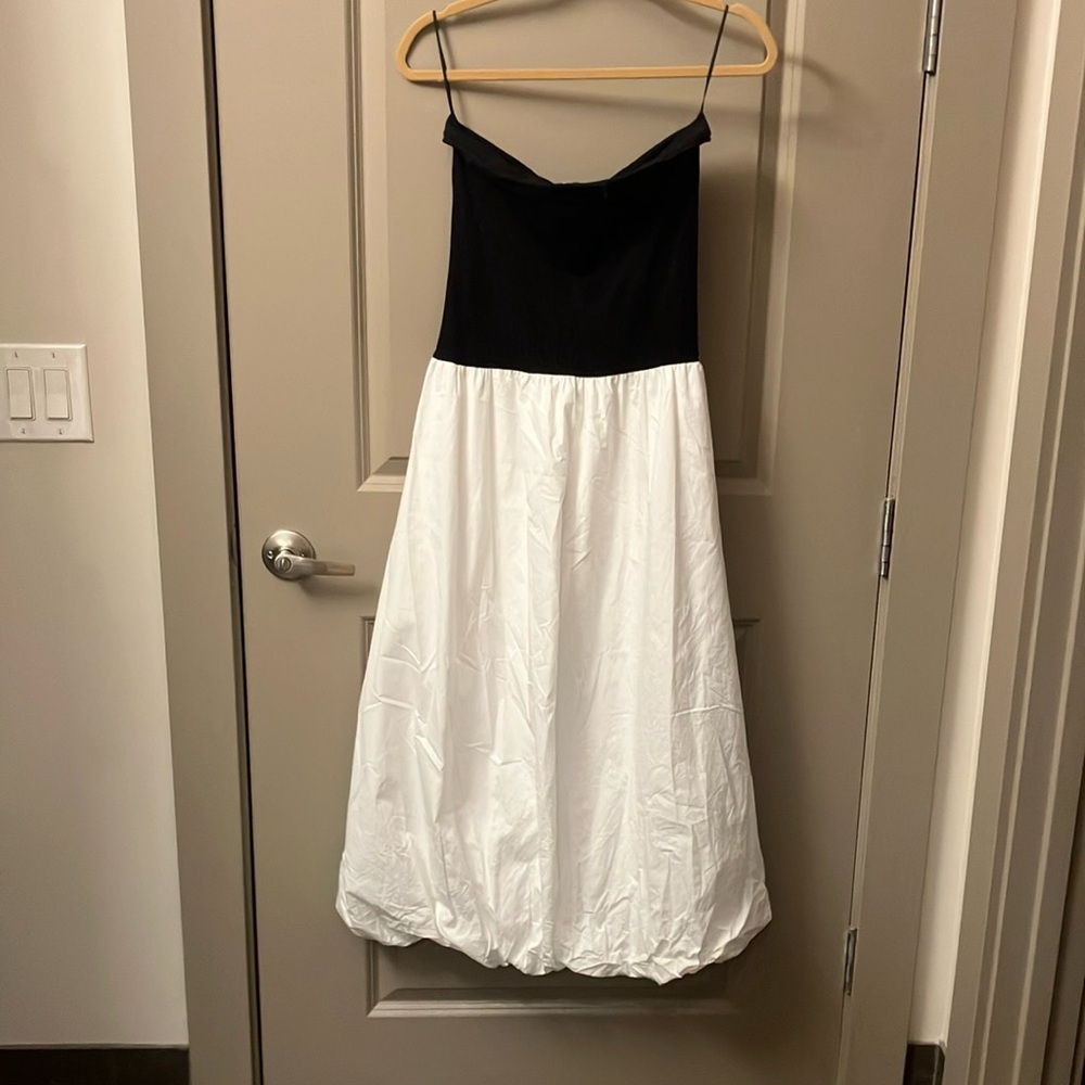 Mango Black and White Spaghetti Strap Bubble Hem Dress